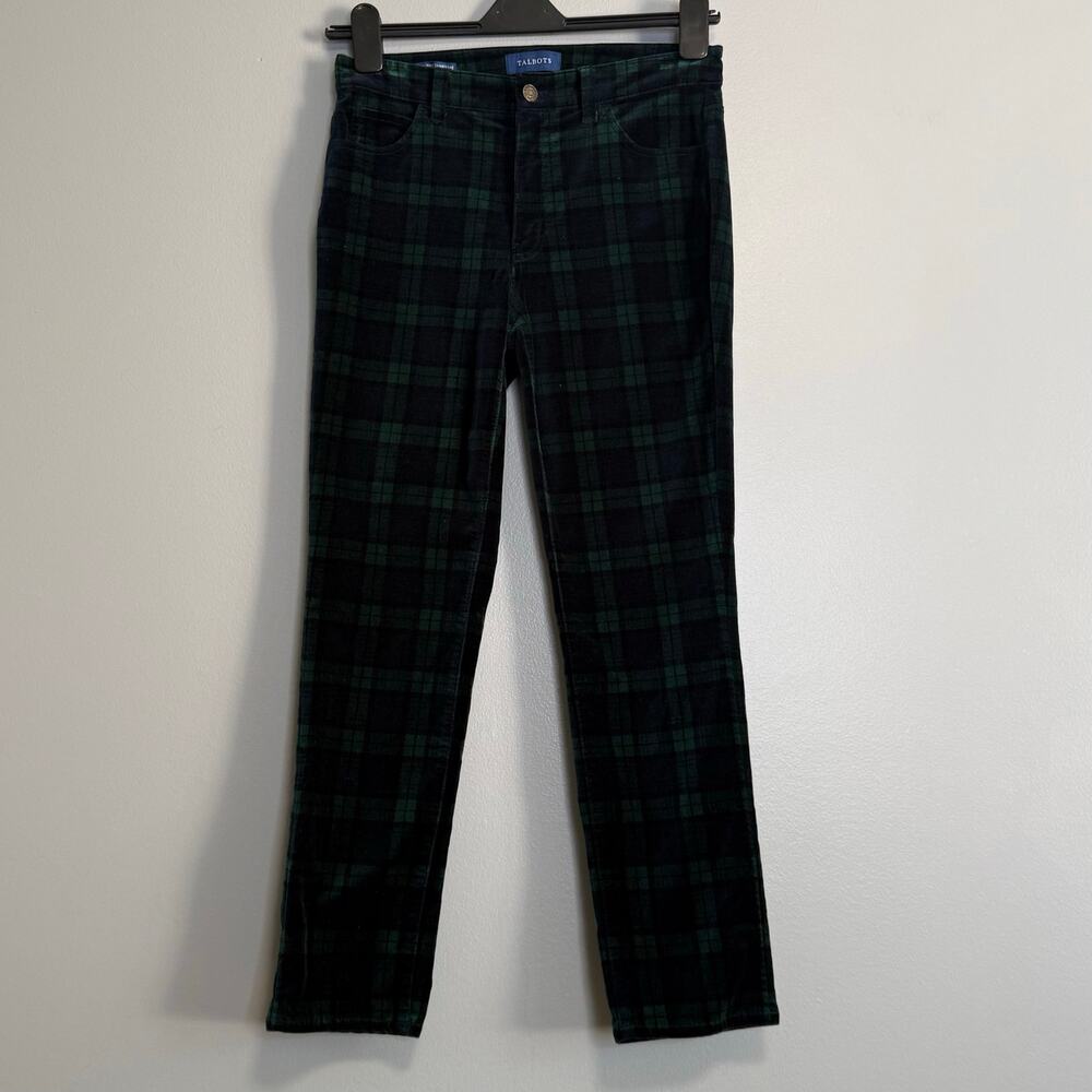 Talbots Green Blue Plaid Velveteen High Waist Straight Leg Pants 6P Petite